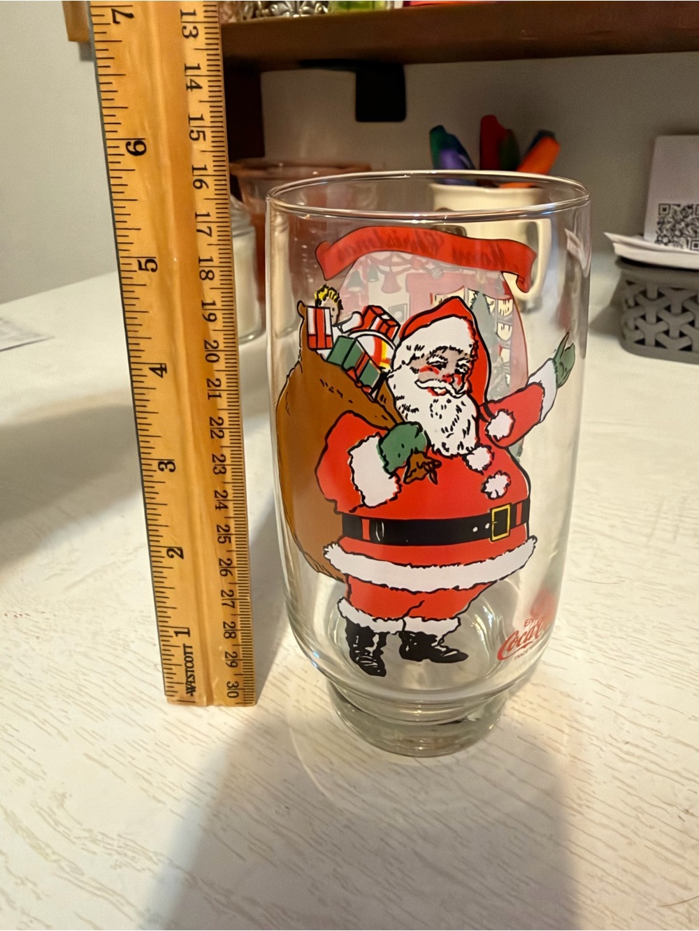 Vintage 1984 Coca Cola Santa Claus Glass with Red, White and Green Accents